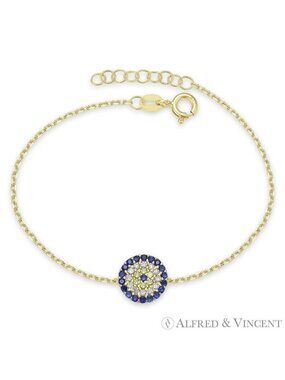 Evil Eye Turkish Nazar Charm Bracelet w/ CZ Crystals in .925 Sterling Silver
